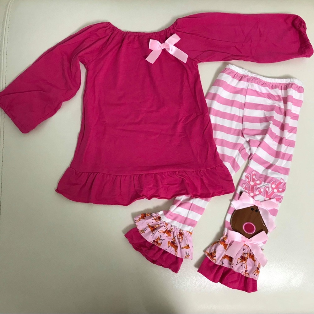 Christmas Embroidered pink deer 🦌 Bow Cute Outfit